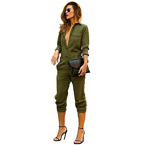 Mono de Manga Larga con Cuello en V de Mezclilla Vintage para Mujer Sexy Pantalones de Clubwear de Verano Pantalones de Mameluco Mono Corto Conjuntos de una Pieza