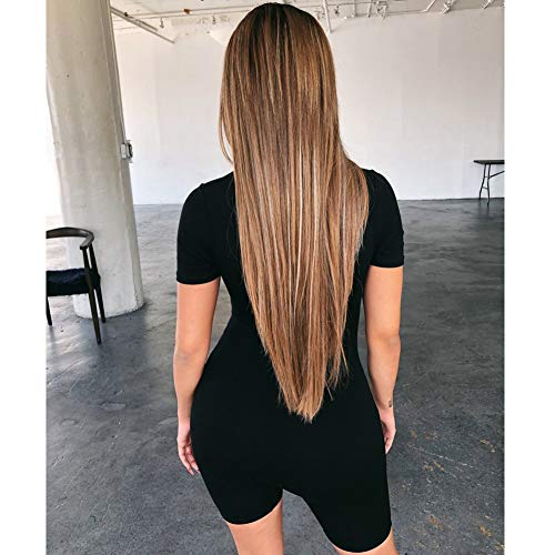 Mono de Mujer Romper Bodycon Mangas Cortas Elásticas de Una Pieza con Cremallera Pantalones Cortos de Cintura Alta (Negro, M)