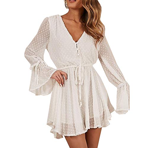 Mono de Mujer Verano Sexy Cuello en V Manga de Cuerno Mameluco de Manga Larga Corto Mono botón cordón Casual Mameluco Femenino