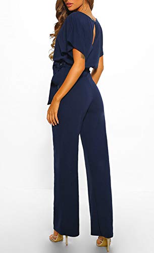 Mono Fiesta Mujer Elegante Manga Corta Mono de Pierna Recta Casual Sueltos con Cinturón Pantalones de Pierna Ancha, Marino Azul