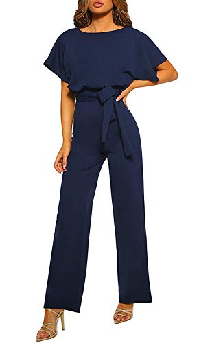 Mono Fiesta Mujer Elegante Manga Corta Mono de Pierna Recta Casual Sueltos con Cinturón Pantalones de Pierna Ancha, Marino Azul