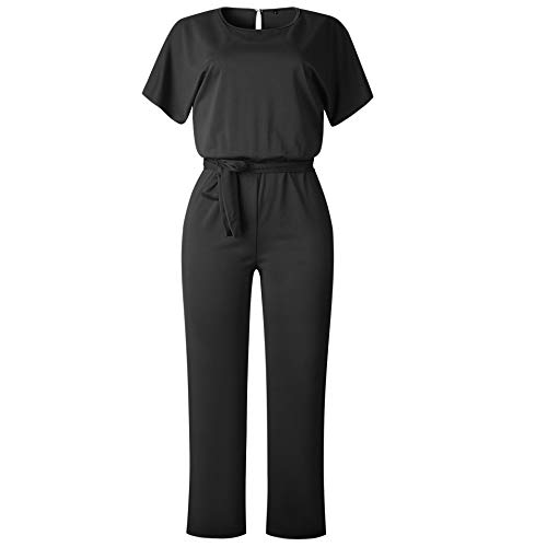 Mono Fiesta Mujer Elegante Manga Corta Mono de Pierna Recta Casual Sueltos con Cinturón Pantalones de Pierna Ancha, Negro