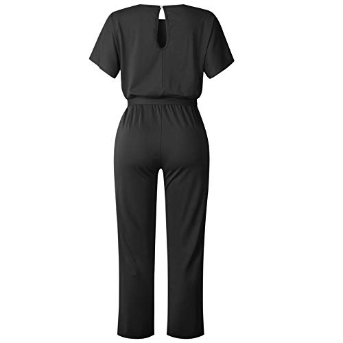 Mono Fiesta Mujer Elegante Manga Corta Mono de Pierna Recta Casual Sueltos con Cinturón Pantalones de Pierna Ancha, Negro