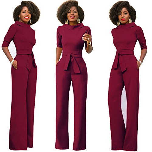 Mono Mujer Bordeaux Largo Fiesta Talla Grande 1/2 Mangas Jumpsuits Elegante Pantalones Pierna Ancha con Cinturón para Playa business oficina y Fiesta Cóctel Party Clubwear Noche L