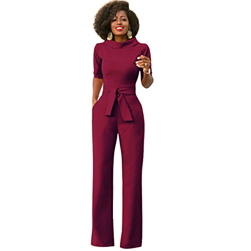 Mono Mujer Bordeaux Largo Fiesta Talla Grande 1/2 Mangas Jumpsuits Elegante Pantalones Pierna Ancha con Cinturón para Playa business oficina y Fiesta Cóctel Party Clubwear Noche L