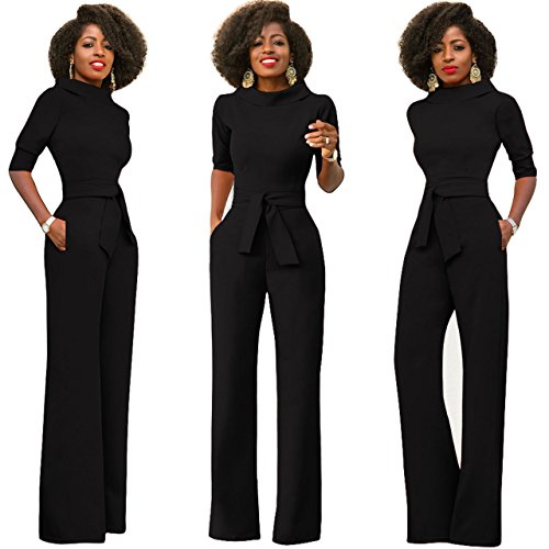 Mono Mujer Negro Largo Fiesta Talla Grande 1/2 Mangas Jumpsuits Elegante Pantalones Pierna Ancha con Cinturón para Playa business oficina y Fiesta Cóctel Party Clubwear Noche M