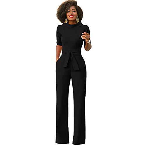 Mono Mujer Negro Largo Fiesta Talla Grande 1/2 Mangas Jumpsuits Elegante Pantalones Pierna Ancha con Cinturón para Playa business oficina y Fiesta Cóctel Party Clubwear Noche M