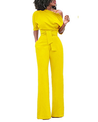 Mono Mujer Talla Grande Jumpsuits Elegante One-Hombro Pantalones Pierna Ancha con Cinturón Amarillo XXL