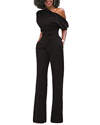 Mono Mujer Talla Grande Jumpsuits Elegante One-Hombro Pantalones Pierna Ancha con Cinturón Negro S
