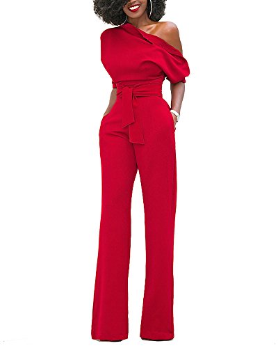 Mono Mujer Talla Grande Jumpsuits Elegante One-Hombro Pantalones Pierna Ancha con Cinturón Rojo L