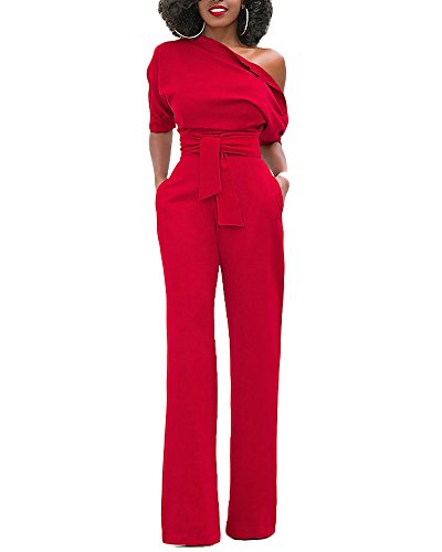 Mono Mujer Talla Grande Jumpsuits Elegante One-Hombro Pantalones Pierna Ancha con Cinturón Rojo L