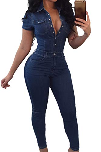 Mono Vaquero Ajustado Casual De Primavera De Manga Corta para Mujer Azul L