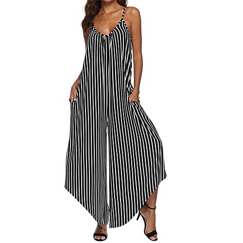 Monos a Rayas para Mujer Monos con Cuello en V con Tiras Monos Sueltos Casuales de Playa Monos Femeninos de Verano Pantalones Anchos de Pierna