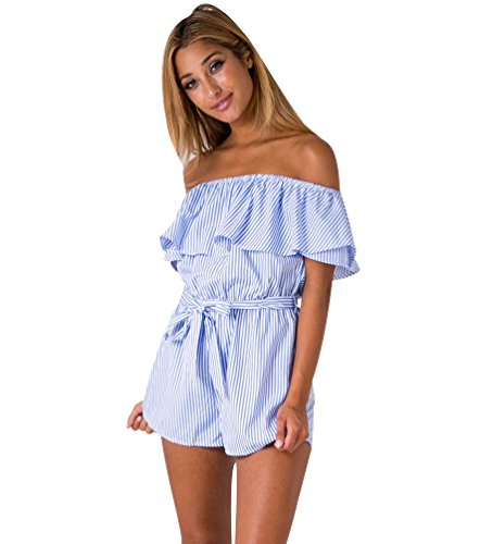 Monos de Fiesta Cortos Mujer Mono de Vestir Corto Verano Jumpsuit Moño Estampados Rayas Fuera de Hombro Monitos Cortos Moños Playeros Playsuit Juveniles Vestido Elegantes Overall Tallas Grandes Azul M