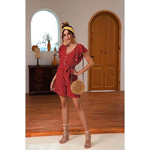 Monos de Mujer Verano de las mujeres con cuello en V mangas Volantes ajuste ceñido Wrap mono del cortocircuito de los lunares de la impresión floja ocasional de la pierna ancha pantalones cortos de un