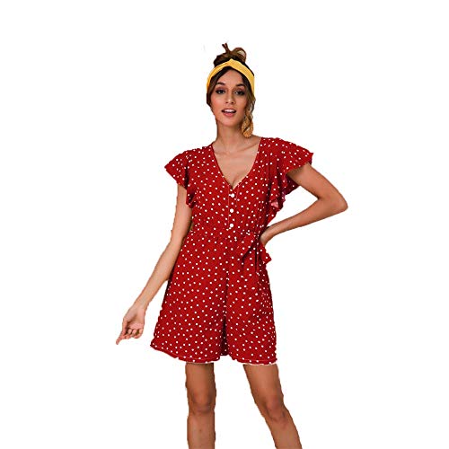 Monos de Mujer Verano de las mujeres con cuello en V mangas Volantes ajuste ceñido Wrap mono del cortocircuito de los lunares de la impresión floja ocasional de la pierna ancha pantalones cortos de un