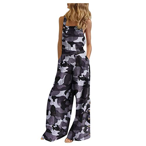 Monos de Peto sin Mangas de Mujeres SUNNSEAN Pantalones de Algodón Lino Color Liso Simple Suave Casual Suelto Traje de Mono Largo Fiesta Jumpsuit Mujer Mameluco (Gris, XL)