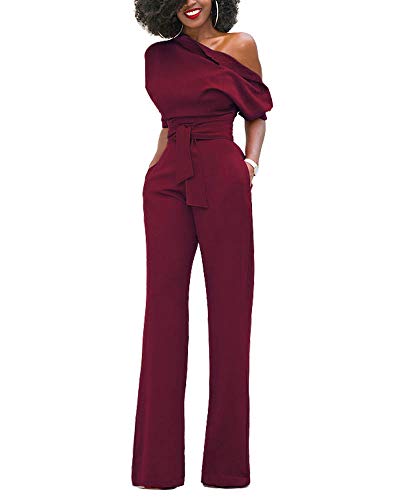 Monos De Vestir Mujer Color Sólido Largos Elegante Un Hombro Pantalones Siameses Rojo2 L