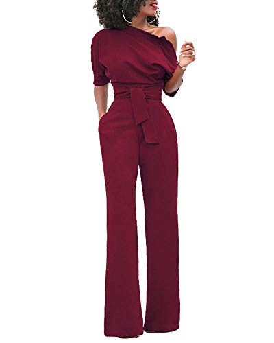 Monos De Vestir Mujer Color Sólido Largos Elegante Un Hombro Pantalones Siameses Rojo2 L