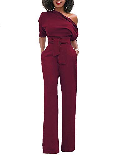 Monos De Vestir Mujer Color Sólido Largos Elegante Un Hombro Pantalones Siameses Rojo2 L