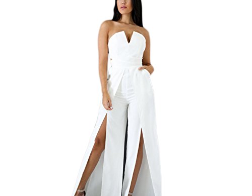 Monos De Vestir Mujer Fiesta Largos Verano Sin Mangas Ropa Dama Moderno Bandeau Hombros Descubiertos Talle Alto con Aberturas Mono Largo Jumpsuit Monos De Fiesta (Color : Blanco, Size : S)