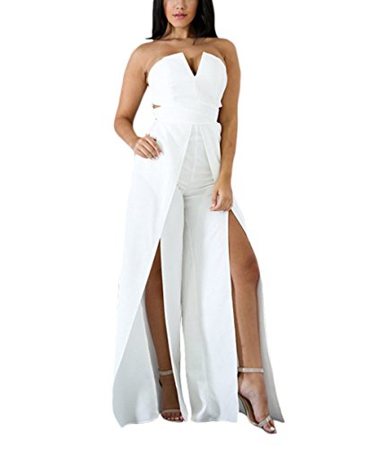Monos De Vestir Mujer Fiesta Largos Verano Sin Mangas Ropa Dama Moderno Bandeau Hombros Descubiertos Talle Alto con Aberturas Mono Largo Jumpsuit Monos De Fiesta (Color : Blanco, Size : S)