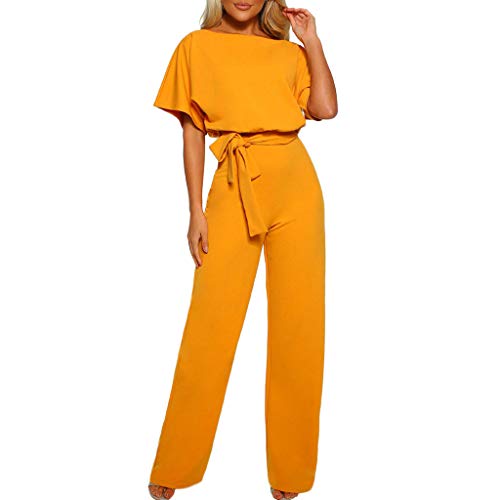 Monos de Vestir Mujer, SUNNSEAN Pantalones Largos Elegante Verano Tallas Grandes Mono de Manga Corta señoras Jumpsuit Monos Mujer Fiesta Playsuits con Cinturón de Lazo Clubwear Monos