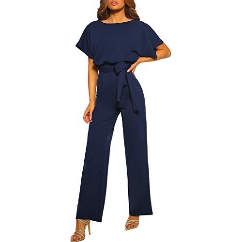 Monos de Vestir Mujer, SUNNSEAN Pantalones Largos Elegante Verano Tallas Grandes Mono de Manga Corta señoras Jumpsuit Monos Mujer Fiesta Playsuits con Cinturón de Lazo Clubwear Monos