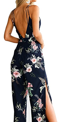 Monos De Vestir Mujer Verano Fiesta Elegante Tirantes Mono Largo Impresión Floral Backless Con Abertura Sin Mangas V Cuello Jumpsuit Anchos Coctel Playa Beach Boho Ropa Moda Azul Marino