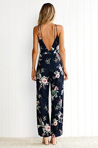 Monos De Vestir Mujer Verano Fiesta Elegante Tirantes Mono Largo Impresión Floral Backless Con Abertura Sin Mangas V Cuello Jumpsuit Anchos Coctel Playa Beach Boho Ropa Moda Azul Marino