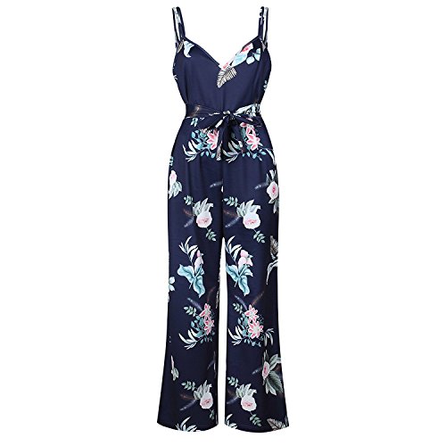 Monos De Vestir Mujer Verano Fiesta Elegante Tirantes Mono Largo Impresión Floral Backless Con Abertura Sin Mangas V Cuello Jumpsuit Anchos Coctel Playa Beach Boho Ropa Moda Azul Marino