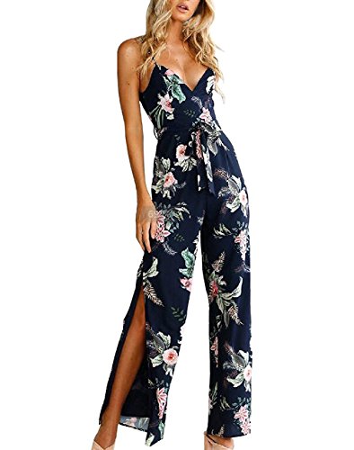 Monos De Vestir Mujer Verano Fiesta Elegante Tirantes Mono Largo Impresión Floral Backless Con Abertura Sin Mangas V Cuello Jumpsuit Anchos Coctel Playa Beach Boho Ropa Moda Azul Marino
