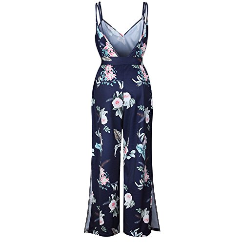 Monos De Vestir Mujer Verano Fiesta Elegante Tirantes Mono Largo Impresión Floral Backless Con Abertura Sin Mangas V Cuello Jumpsuit Anchos Coctel Playa Beach Boho Ropa Moda Azul Marino