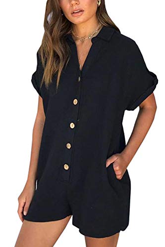 Monos Informales De Verano para Mujer Pantalones Cortos De Playa De Manga Corta Negro XL