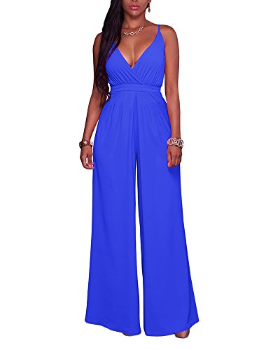 Monos Mujer Fiestas Elegante V Cuello Sin Mangas Traje Pullover Pantalones Larga Rompers Azul XL