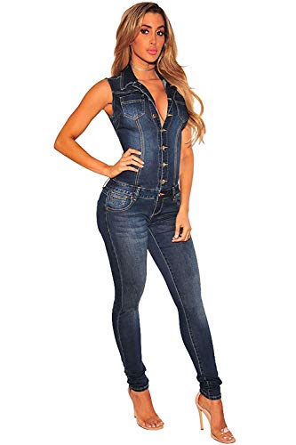 Monos Mujer Largo Vaqueros Moda Verano Retro Overall Sin Mangas V-Cuello Un Solo Festivo Pecho Traje Pantalón Elegantes Moderno Skinny Elásticos Playsuit Catsuit (Color : Stil 1, Size : M)