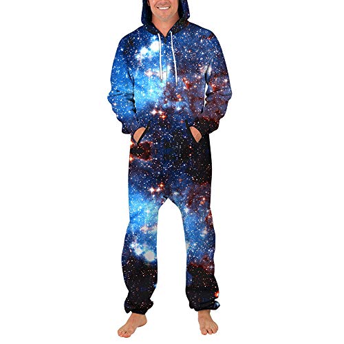 Morbuy Sudadera con Capucha de Hombre, Trabajo Jumpsuit Pijama en Una Sola Pieza Manga Larga Impresión 3D Cierre de Cremallera Playsuit Adulto (L, Estrella Azul)