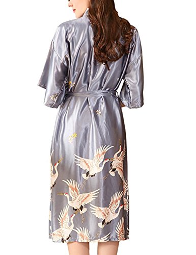 Morbuy Vestido Pijama Mujer Kimono Corto Bata de Satén Kimono Satén Bata Albornoz Camisón (L, Gris)