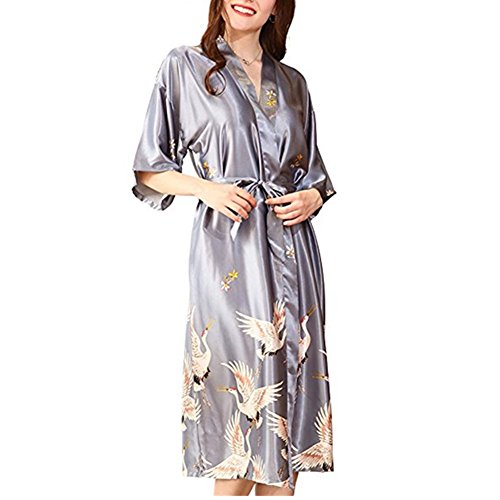 Morbuy Vestido Pijama Mujer Kimono Corto Bata de Satén Kimono Satén Bata Albornoz Camisón (L, Gris)