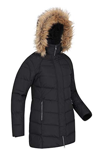 Mountain Warehouse Chaqueta Abajo para Mujer Isla II - Sudadera con Capucha de Piel, Dos Bolsillos con Cremallera, Abrigo de Invierno Impermeable Negro 48