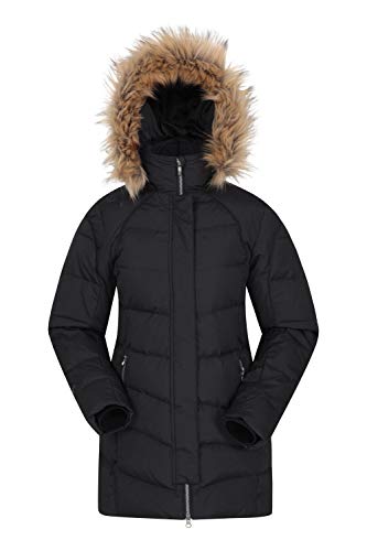 Mountain Warehouse Chaqueta Abajo para Mujer Isla II - Sudadera con Capucha de Piel, Dos Bolsillos con Cremallera, Abrigo de Invierno Impermeable Negro 48