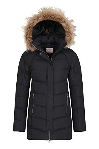 Mountain Warehouse Chaqueta Abajo para Mujer Isla II - Sudadera con Capucha de Piel, Dos Bolsillos con Cremallera, Abrigo de Invierno Impermeable Negro 48