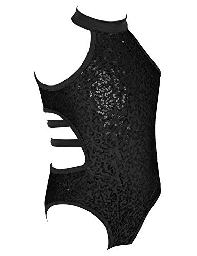 MSemis Maillot Lentejuelas Gimnasia Rítmica para Niñas Maillot de Patinaje Artístico Maillot de Danza Ballet Body Deportivo para Actuación Negro A 11-12 años