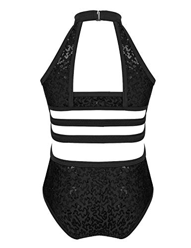MSemis Maillot Lentejuelas Gimnasia Rítmica para Niñas Maillot de Patinaje Artístico Maillot de Danza Ballet Body Deportivo para Actuación Negro A 11-12 años