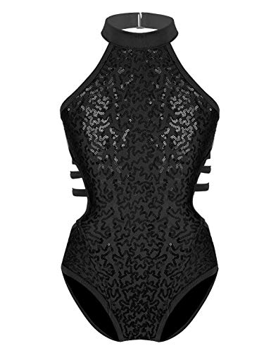 MSemis Maillot Lentejuelas Gimnasia Rítmica para Niñas Maillot de Patinaje Artístico Maillot de Danza Ballet Body Deportivo para Actuación Negro A 11-12 años