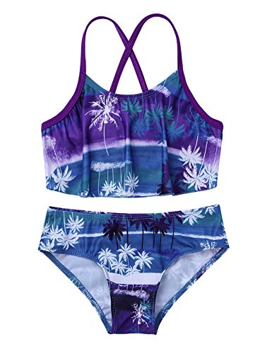MSemis Traje de Baño Dos Piezas para Niñas Bañador Estampado Palmeras Bikinis Hawaiano Tankini Ropa Deportiva de Playa Natación Vacaciones Morado 10-12 Años