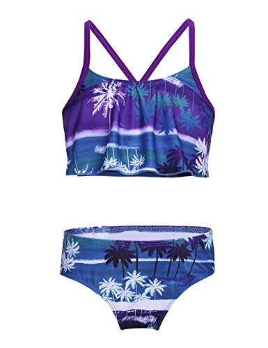 MSemis Traje de Baño Dos Piezas para Niñas Bañador Estampado Palmeras Bikinis Hawaiano Tankini Ropa Deportiva de Playa Natación Vacaciones Morado 10-12 Años