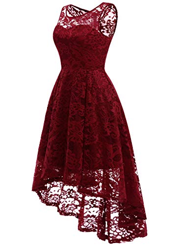 MUADRESS 6006 Vestido Cóctel Vintage A-línea Hi-Lo Elegante Mujer Flor Encaje Vestidos De Fiesta Rojo Oscuro XL