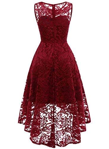 MUADRESS 6006 Vestido Cóctel Vintage A-línea Hi-Lo Elegante Mujer Flor Encaje Vestidos De Fiesta Rojo Oscuro XL