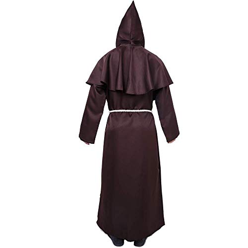 Much Green Monje Sacerdote Túnica de Robe para Medieval Renacimiento Trajes de Vampiros,Disfraz de Gótico cosplay con Cruz para Halloween Carnaval Disfraces con Capucha para Hombre(Marrón,L)
